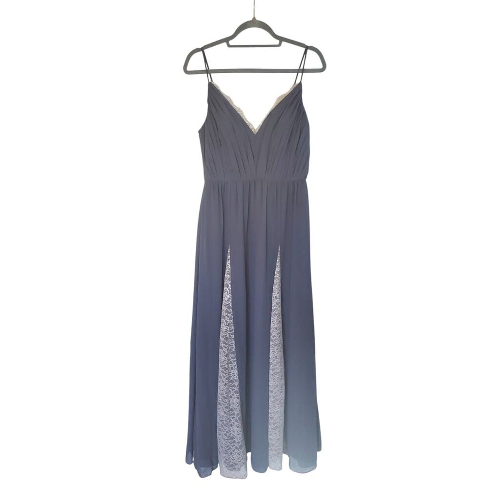 Hayley Paige Occasions Pewter Grey Lace Chiffon Bridesmaid Maxi Dress Gown, Sz 4